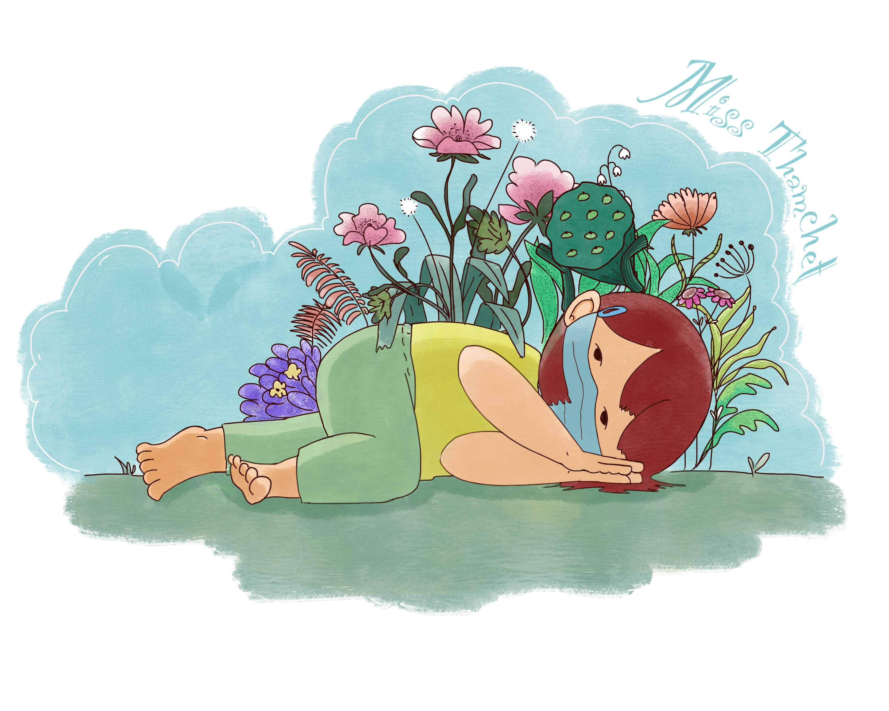 Covide era Illustration of Miss Thamchet lying on the grass with flowers and plants around